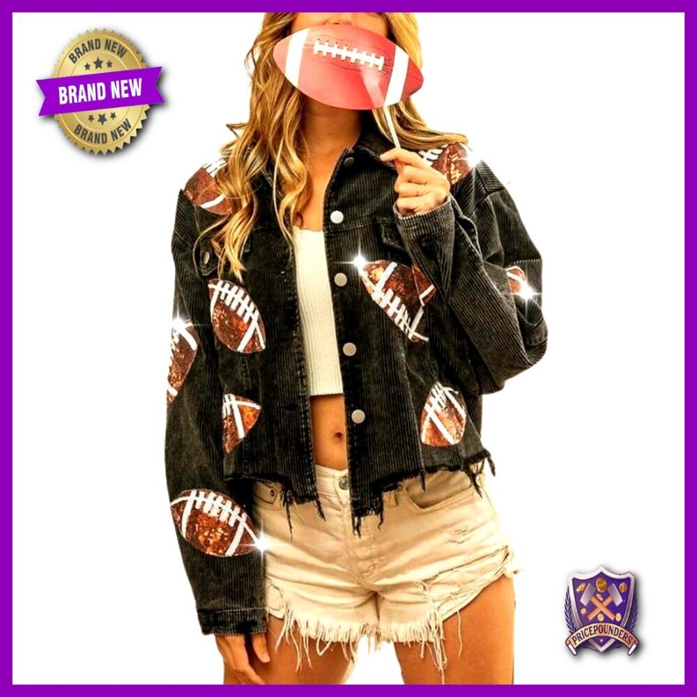 Vintage Corduroy Rugby Sequin Cropped Shacket Frayed Hem Retro Y2K Chic